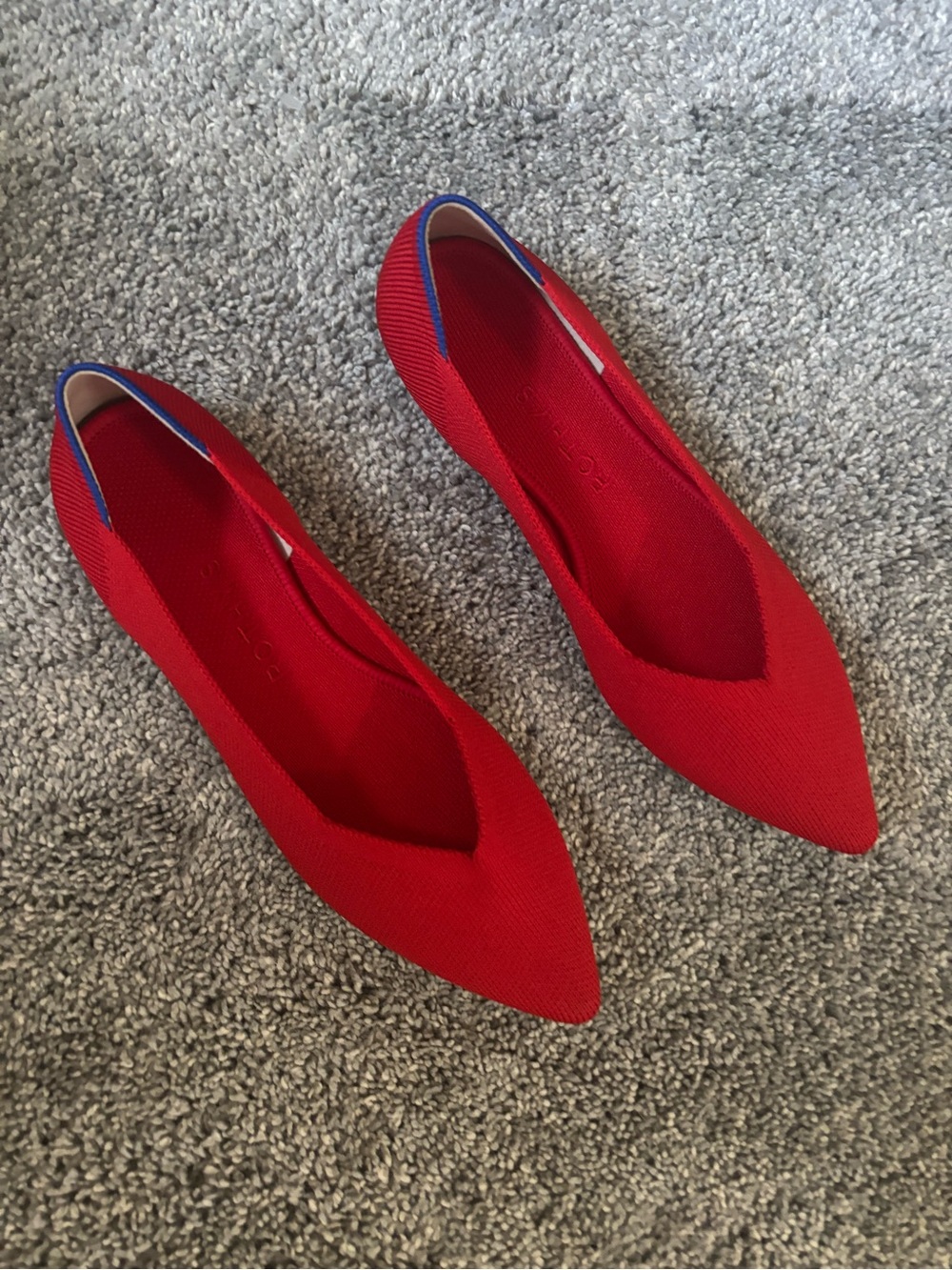 Rothy's Red Pointed Knit Slip-Ons with Blue Trim